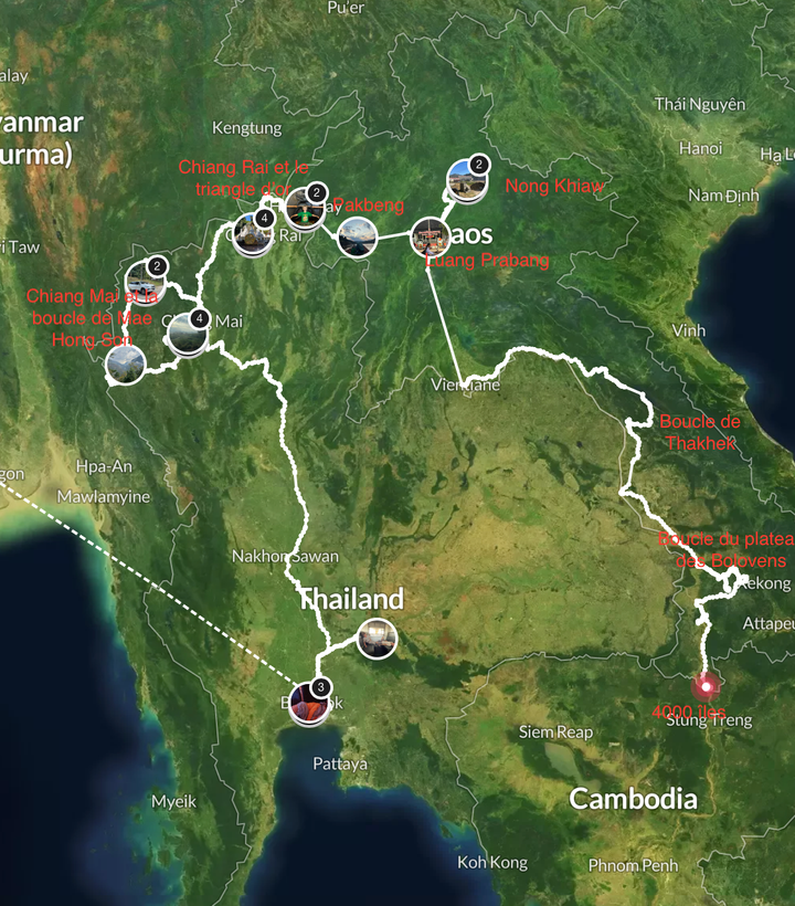 Notre itinéraire en Thaïlande et au Laos.